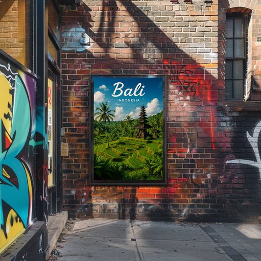 Bali Indonesia Rice Fields Temple Travel Poster
