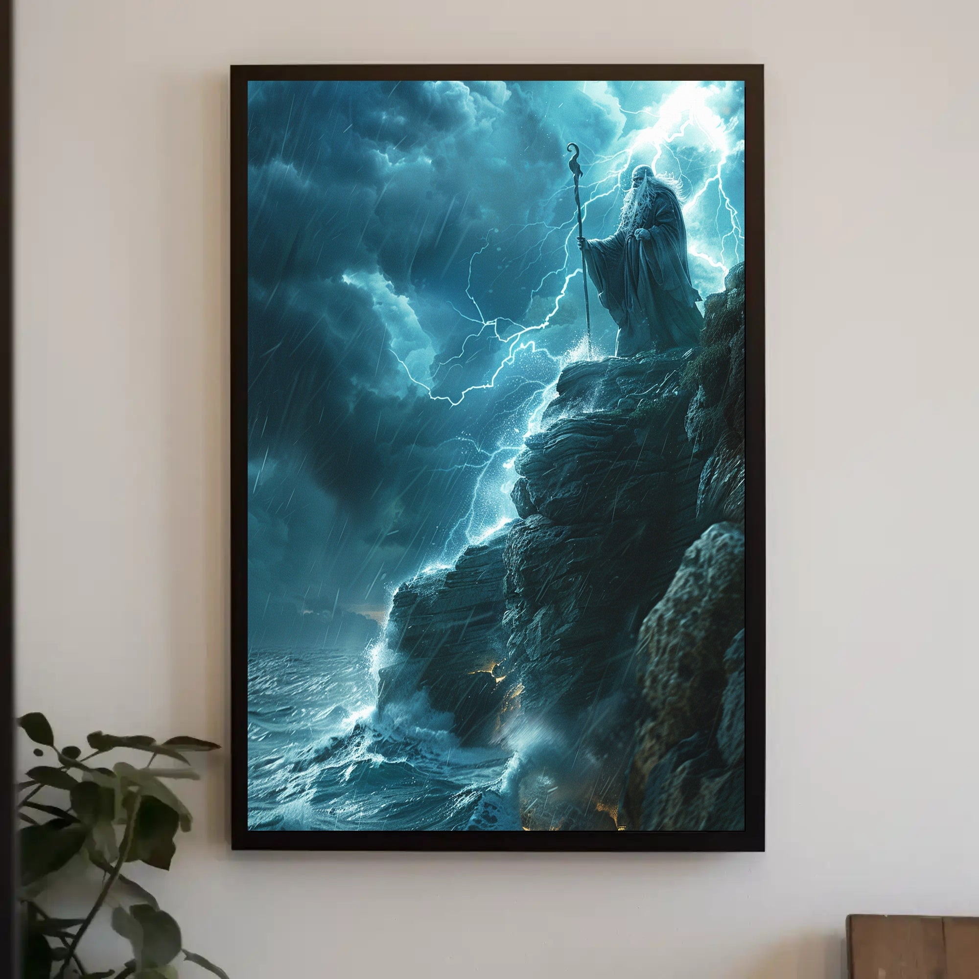 Mystical Storm Wizard Overlooking Ocean Fantasy or Mythology Poster PosterGoat