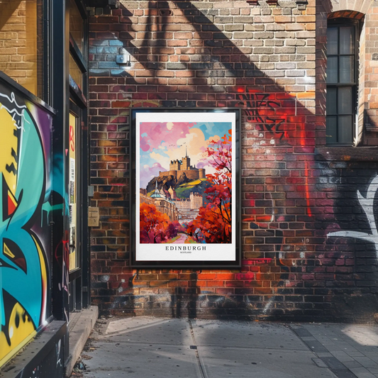 Edinburgh Castle Autumn Leaves Colorful Cityscape Travel Poster