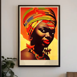 Vibrant Elegance: Woman with Colorful Headwrap and Bold Accessories Poster