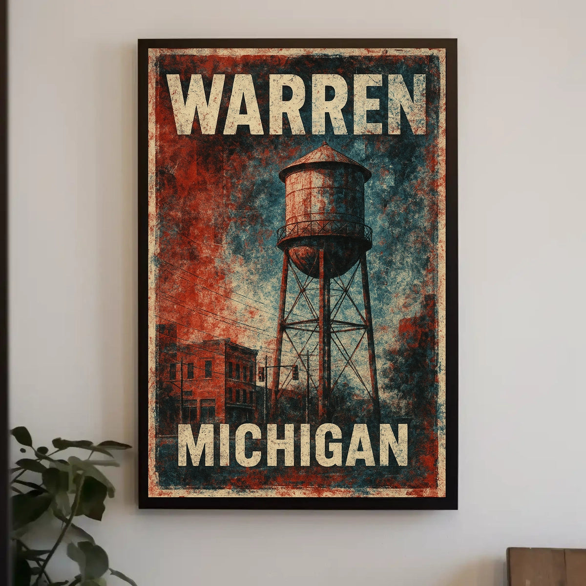 Warren Michigan Vintage Water Tower Steampunk Folk Poster
