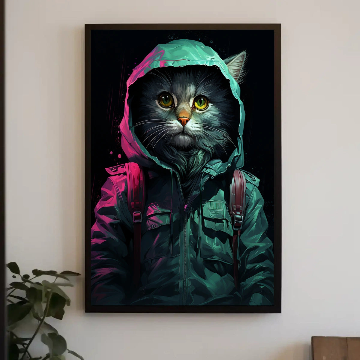 Anthropomorphic Cat in Rain Jacket Surreal Poster