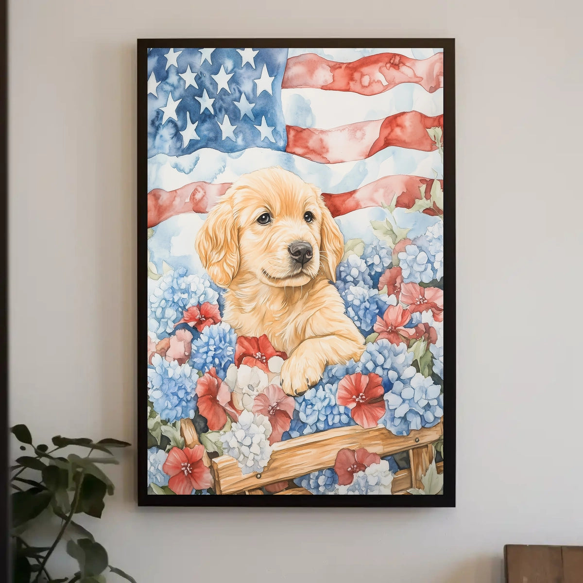 Golden Retriever Puppy In Wagon With American Flags Poster