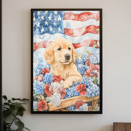Golden Retriever Puppy In Wagon With American Flags Poster