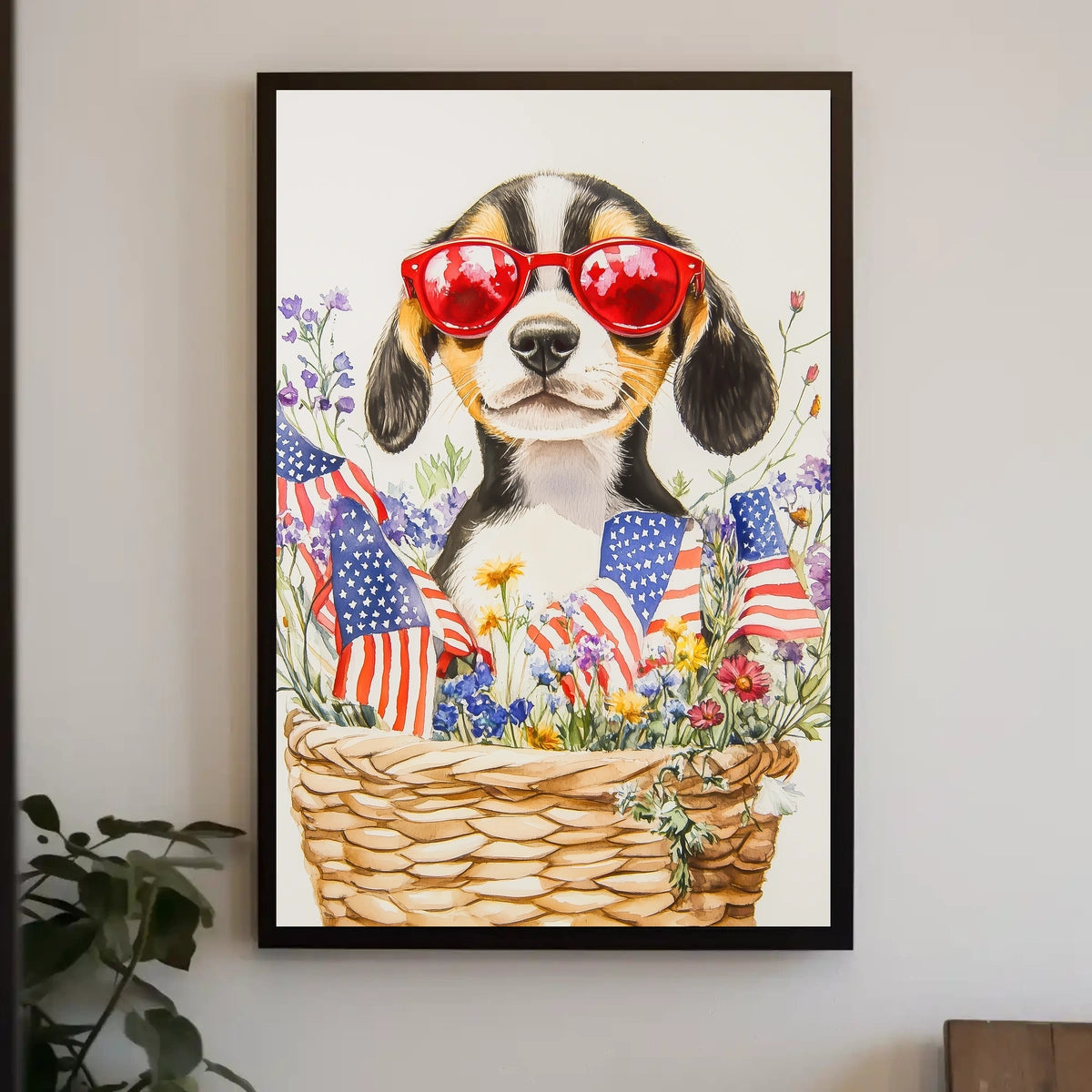 Beagle Puppy With Red Sunglasses In Floral Basket Poster