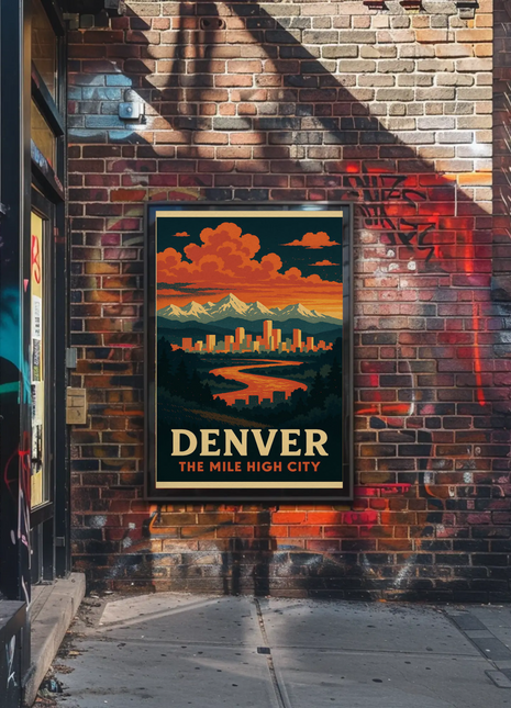 Denver Colorado Sunset Skyline Mountains Travel Poster