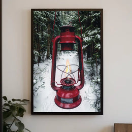 Red Lantern in Snowy Forest Adventure Travel Poster