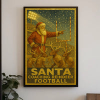 Santa Coaching Reindeer Football Poster