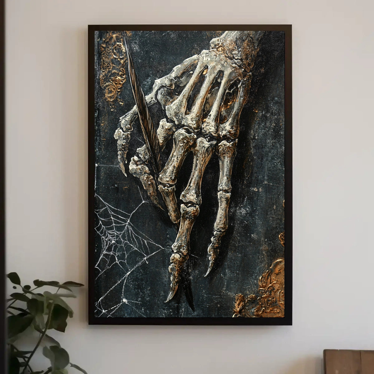 Skeletal Quill Artistic Poster Captures Creativity and Mortality