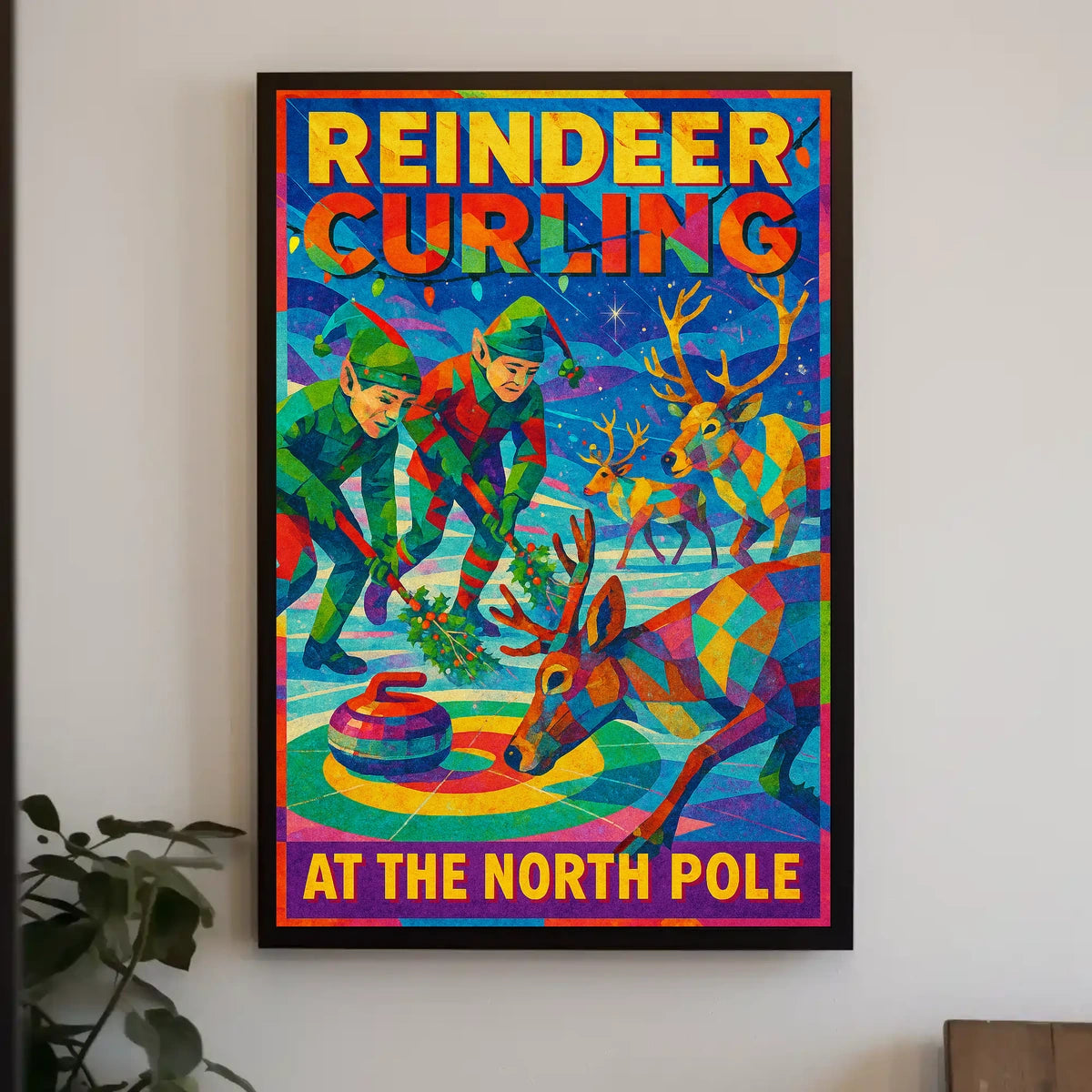 Reindeer Curling at the North Pole Poster
