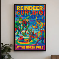 Reindeer Curling at the North Pole Poster