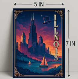 Chicago Cityscape Vintage Art Deco Travel Poster
