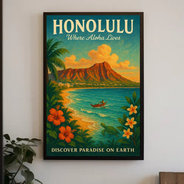 Honolulu Vintage Paradise Travel Poster Illustration