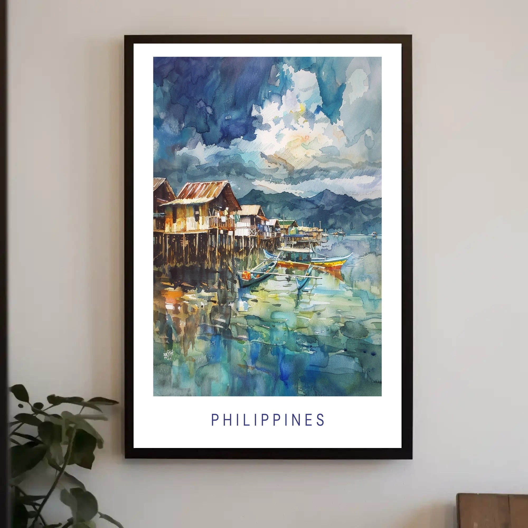 Tranquil Philippine Coastal Scene Watercolor Travel Poster PosterGoat