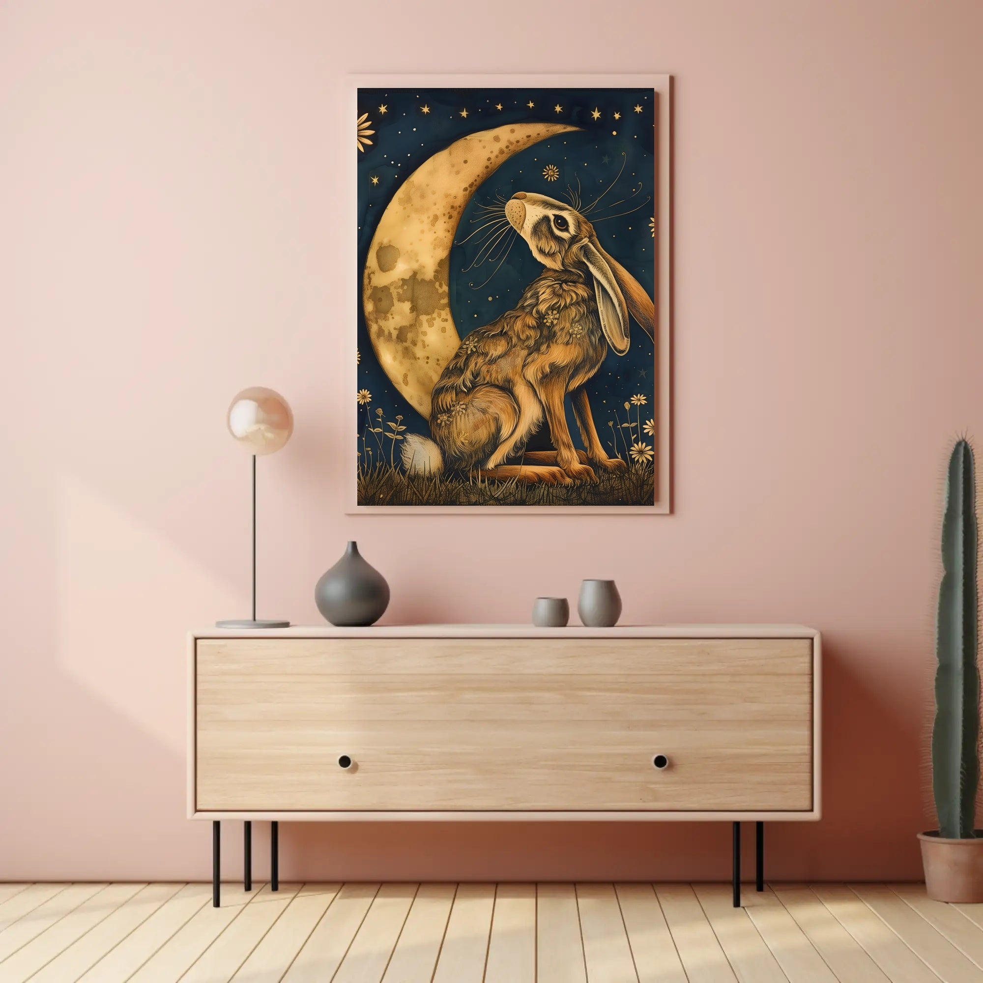 Moonlit Hare Fantasy: Whimsical Animal Nighttime Poster