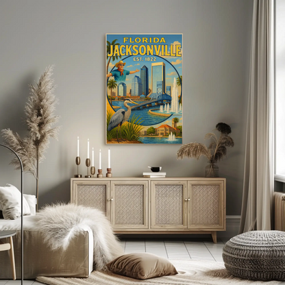 Jacksonville Florida Fishing Bridge Skyline Travel Poster