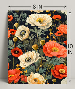 Lush Botanical Garden Scene with Poppies Artistic Poster