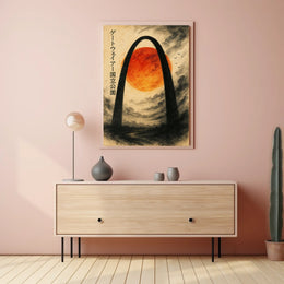 Stylized Arch and Red Sun Vintage Artistic Japanese Poster