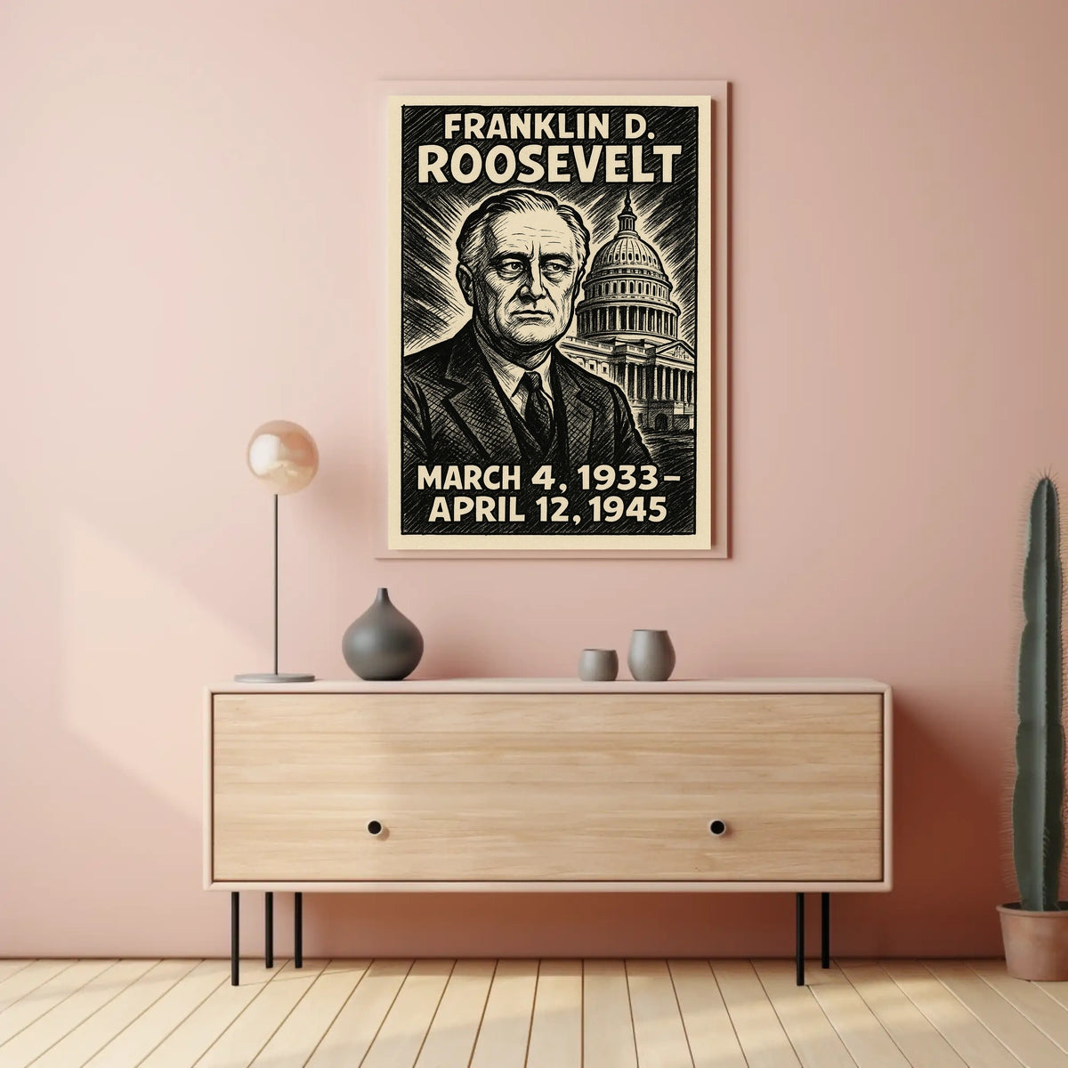 Franklin D. Roosevelt 32nd President of the United States B & W Comic Sketch Poster
