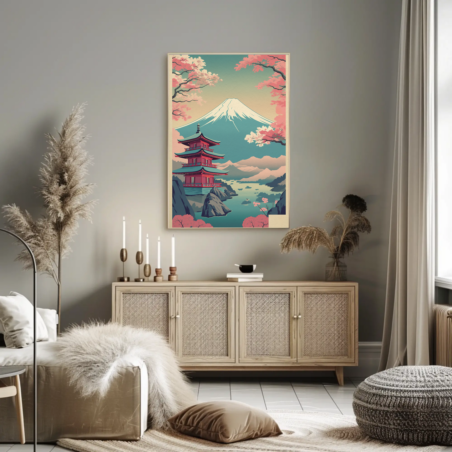 Japan Fuji Lake Pagoda Sakura Canoe Trees Travel Poster