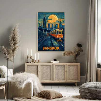 Bangkok Skyline Train Moonlight Glow Travel Poster