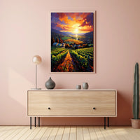 Vibrant Vineyard Sunset Landscape Impressionistic Artistic Poster