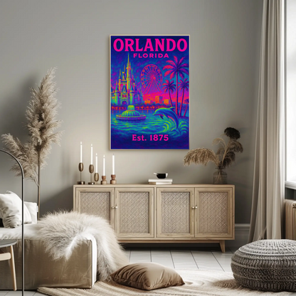 Orlando Florida Castle Ferris Dolphin Neon Travel Poster