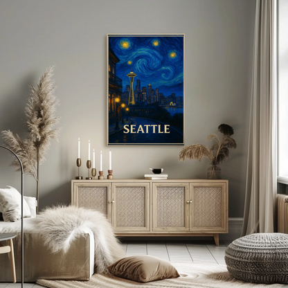Seattle Space Needle Starry Night Skyline Glow Travel Poster