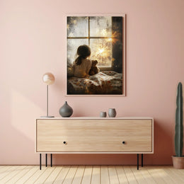 Little Girl Watching Fireworks At Window Scene Poster