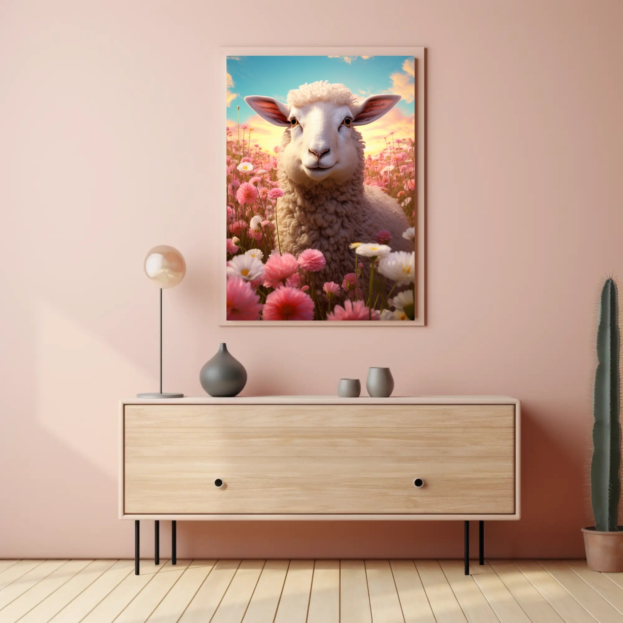 Serene Sheep In Blooming Meadow Poster PosterGoat