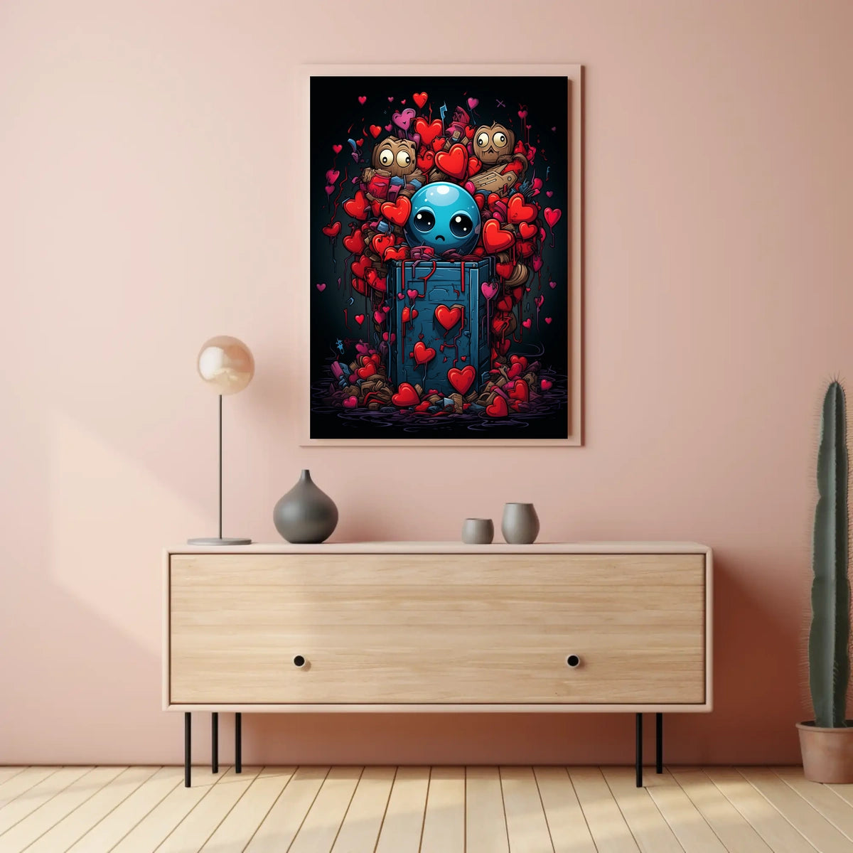Whimsical Heart Explosion: Surreal Cartoon Art Poster