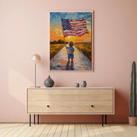 Child Holding American Flag On Sunset Dirt Road Poster