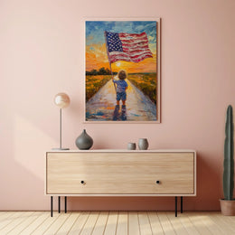 Child Holding American Flag On Sunset Dirt Road Poster