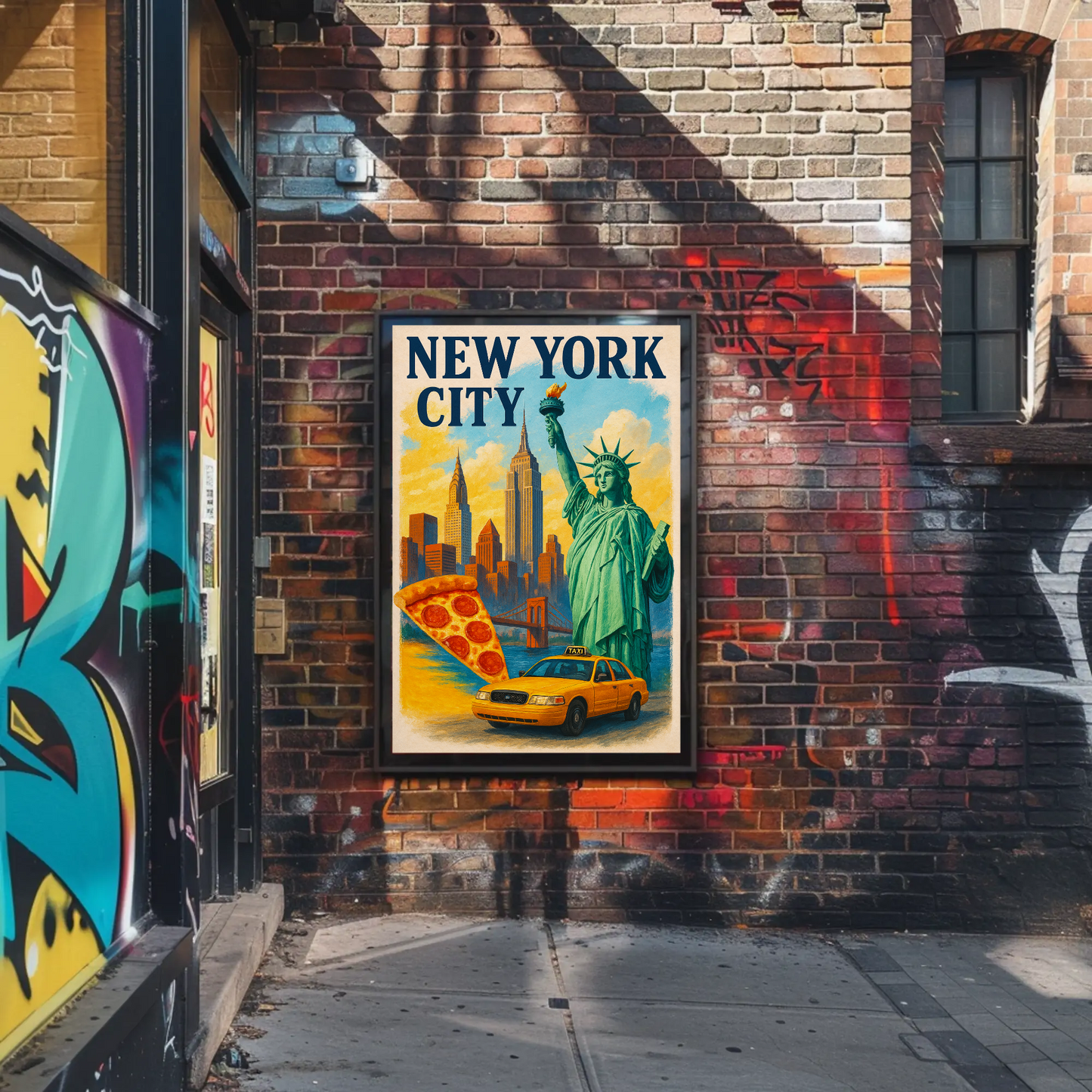 New York City Pizza Taxi Skyline Vintage Travel Poster