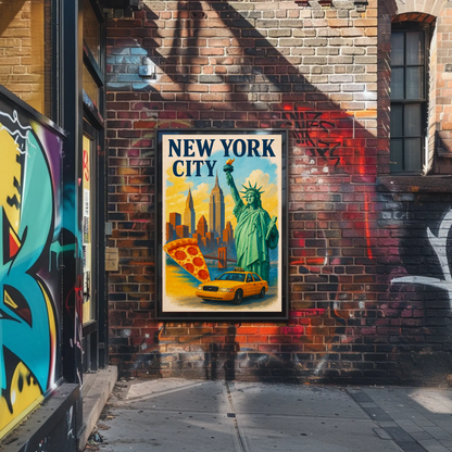New York City Pizza Taxi Skyline Vintage Travel Poster