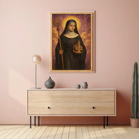 Saintly Figure with Church Poster PosterGoat