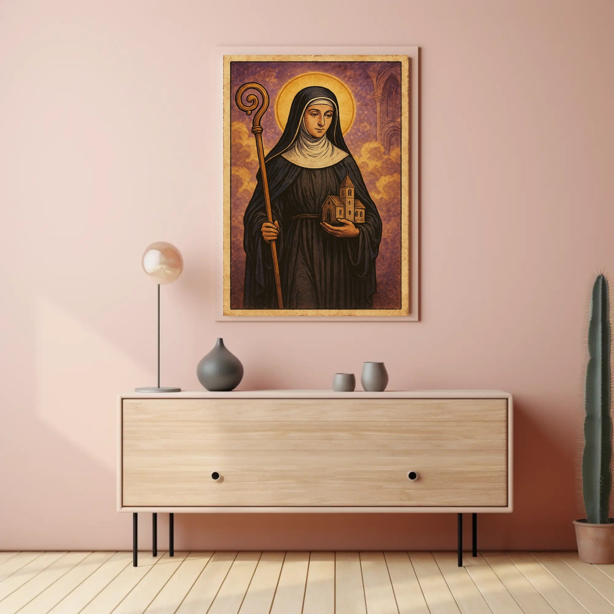 Saintly Figure with Church Poster PosterGoat