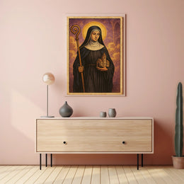 Saintly Figure with Church Poster PosterGoat