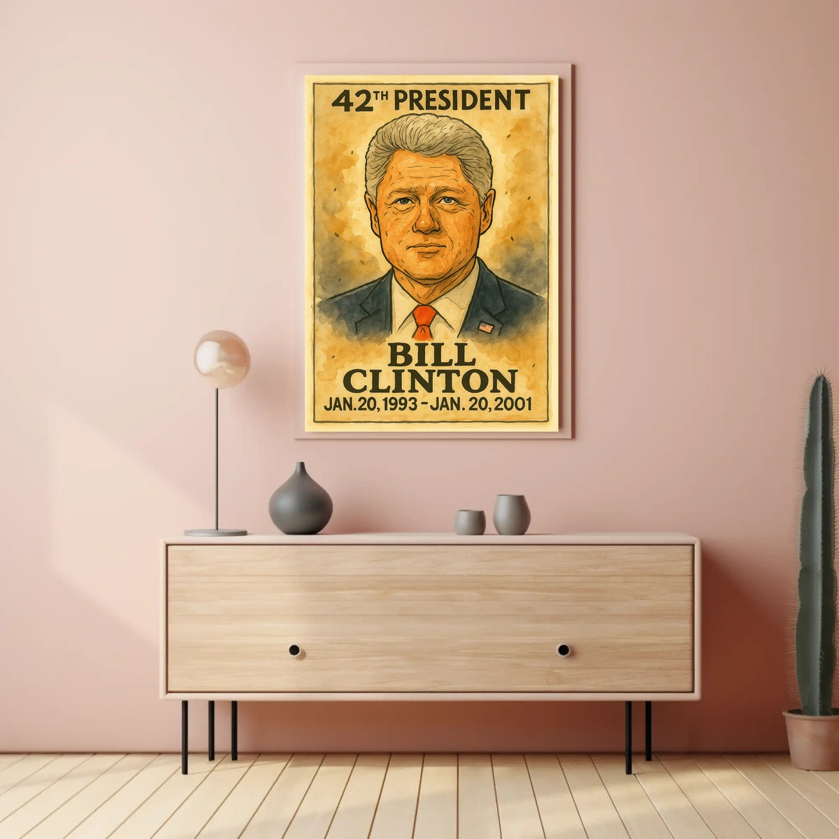Bill Clinton 42nd President of the United States Exaggerated Cartoon Sketch Poster