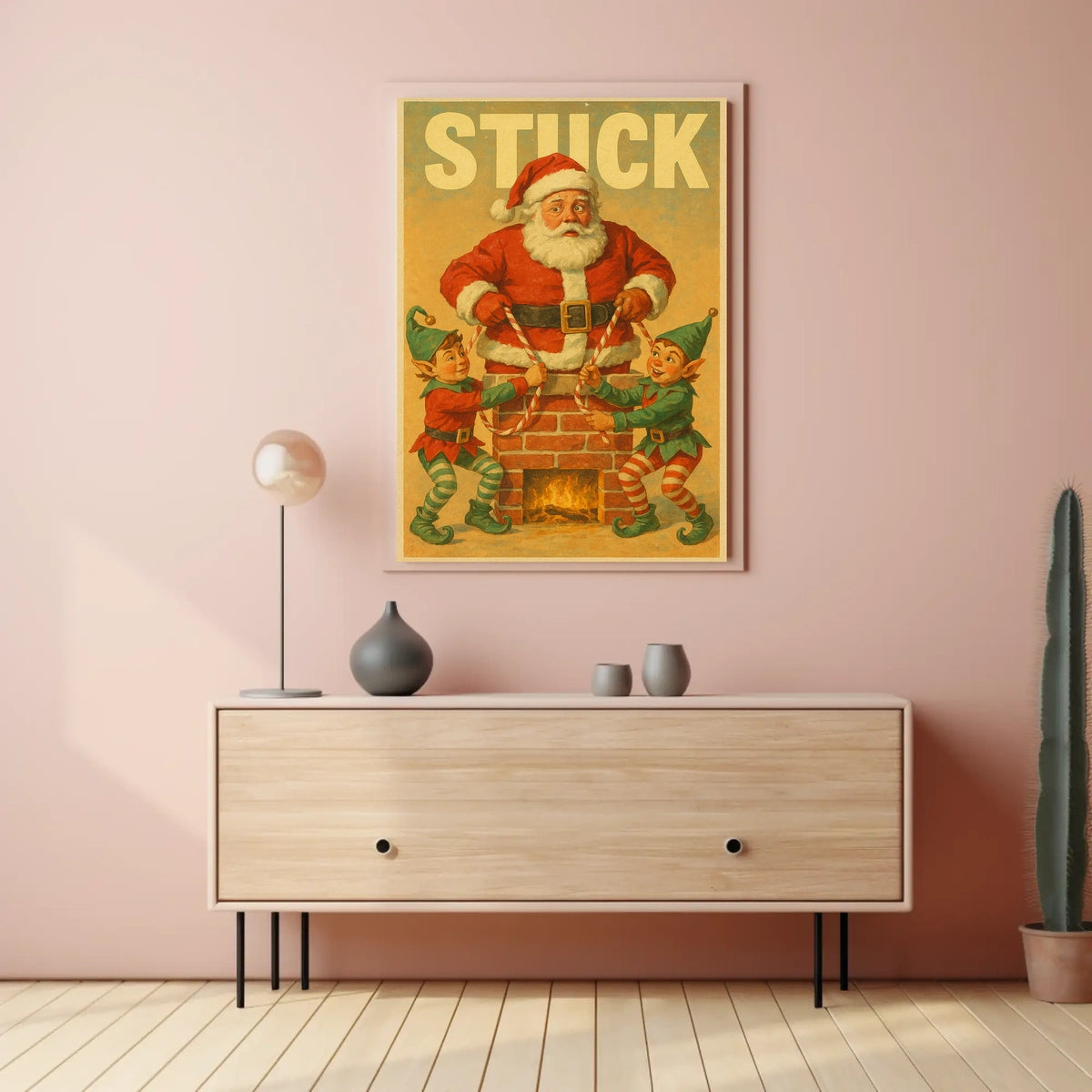 Santa Stuck in Chimney Christmas Poster Art