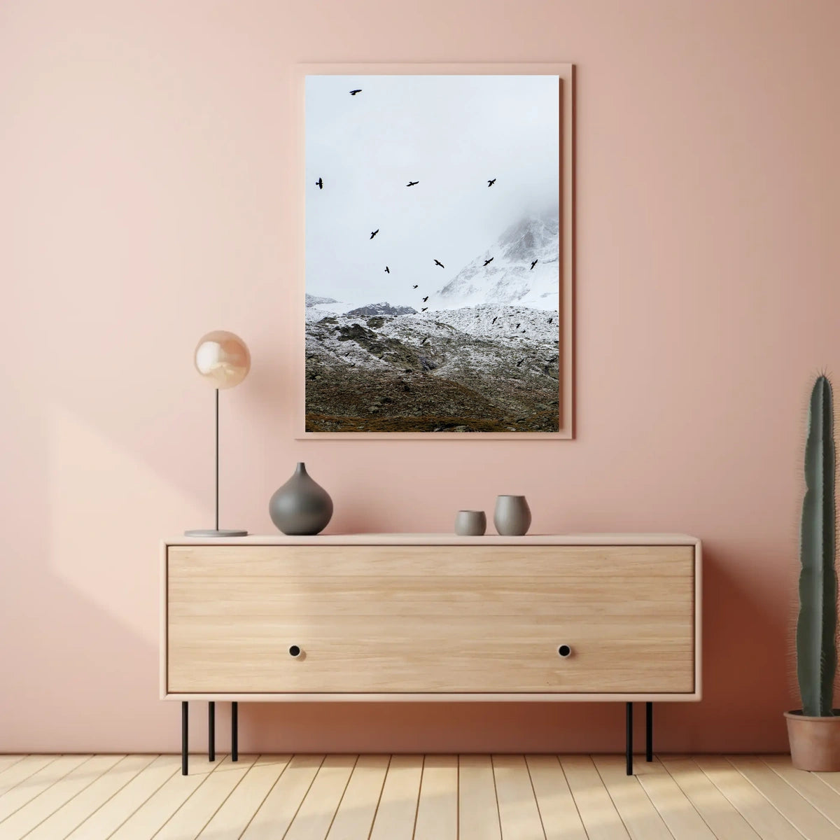 Birds In Flight Over Snowy Peaks Poster
