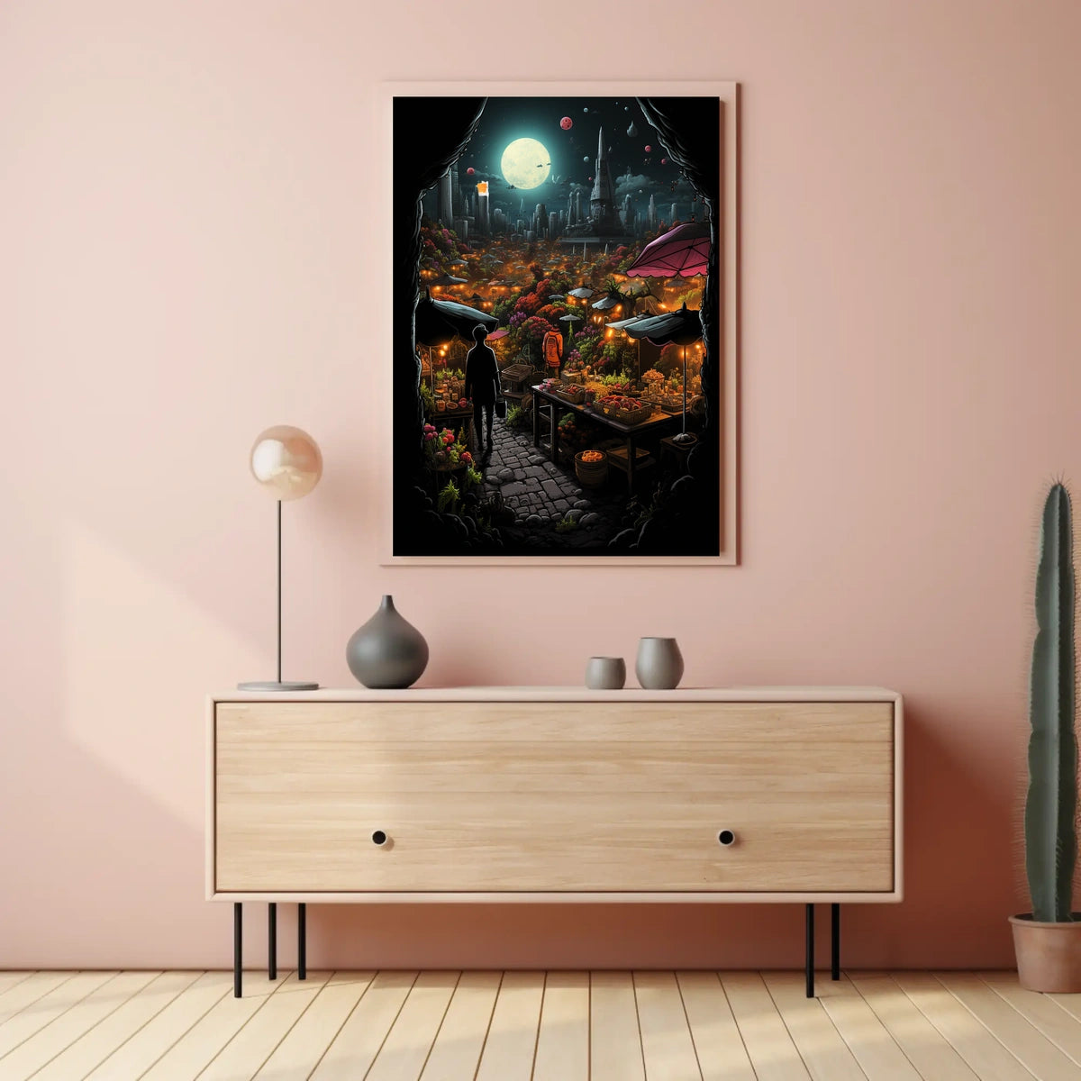 Moonlit Market In A Futuristic City Poster