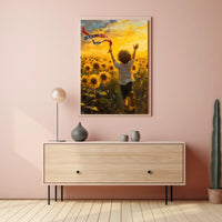 Child Running Through Sunflower Field At Golden Hour Poster