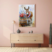 Cheerful Donkey Standing Beside Wooden Barrel Poster