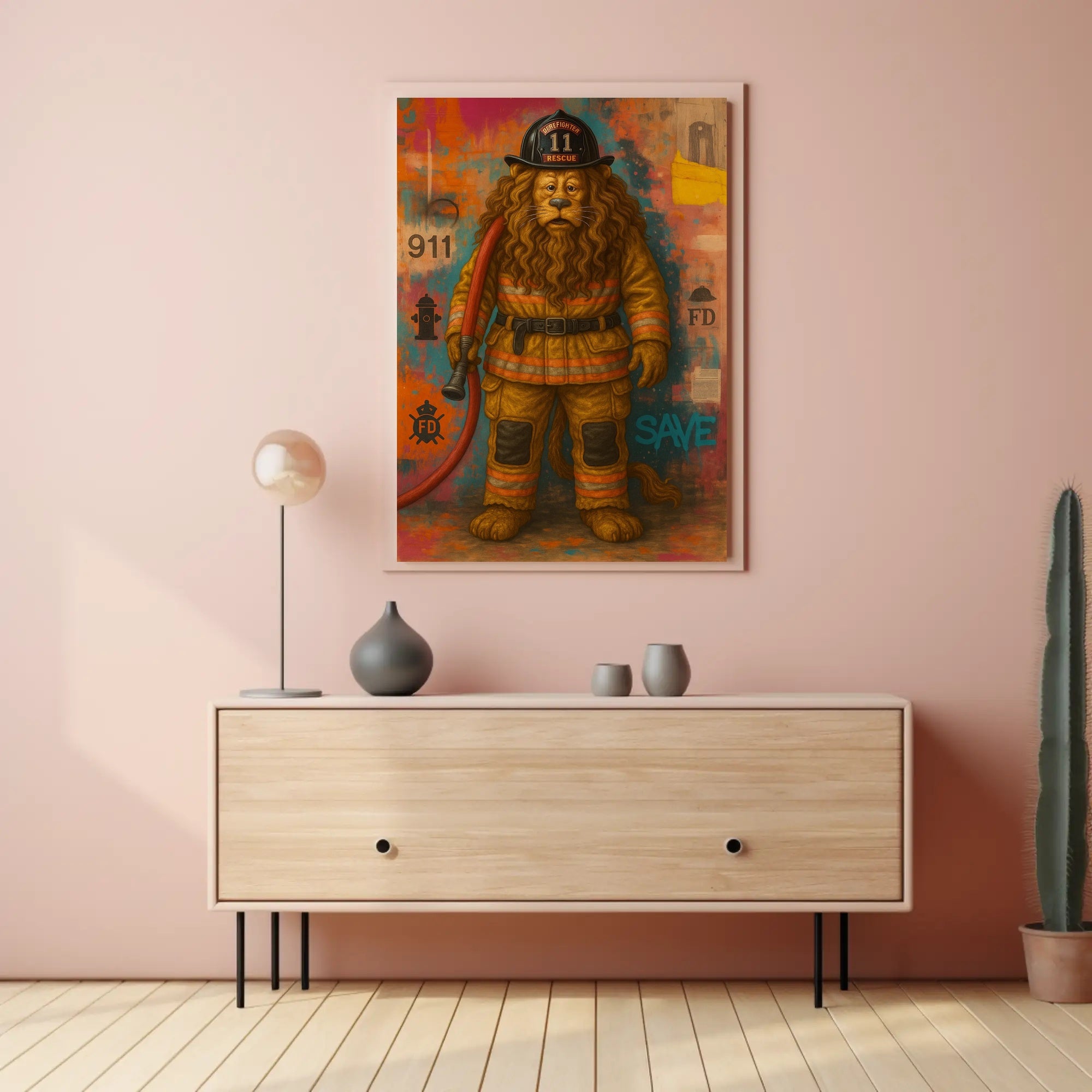 Firefighter Lion Artwork for Dramatic Animal Poster