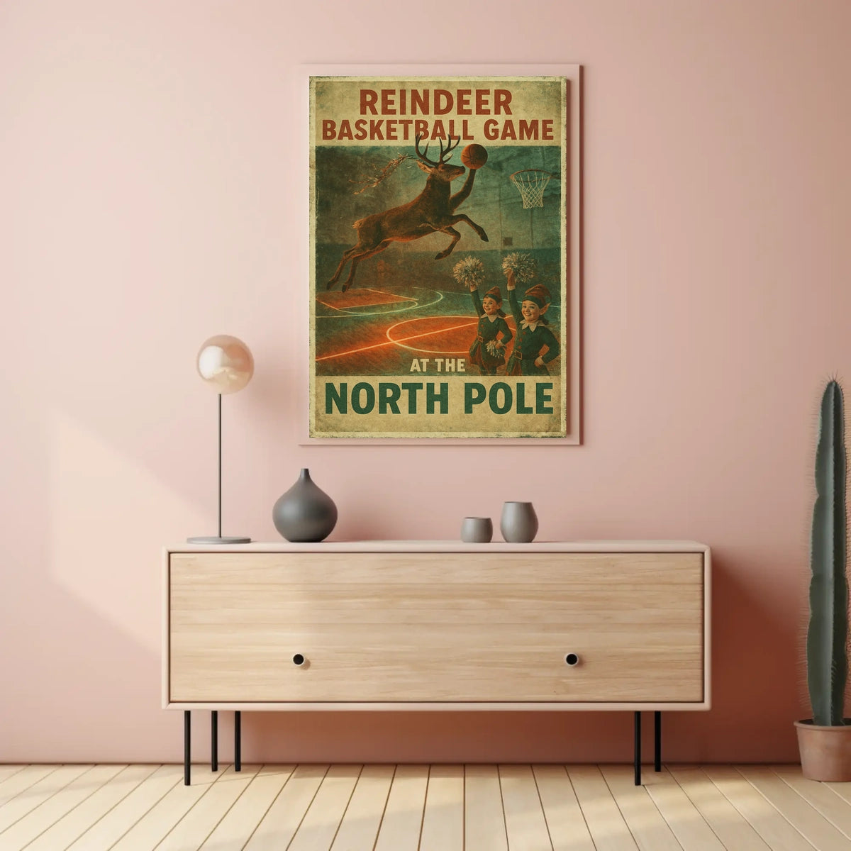 Reindeer Basketball Game at the North Pole Poster