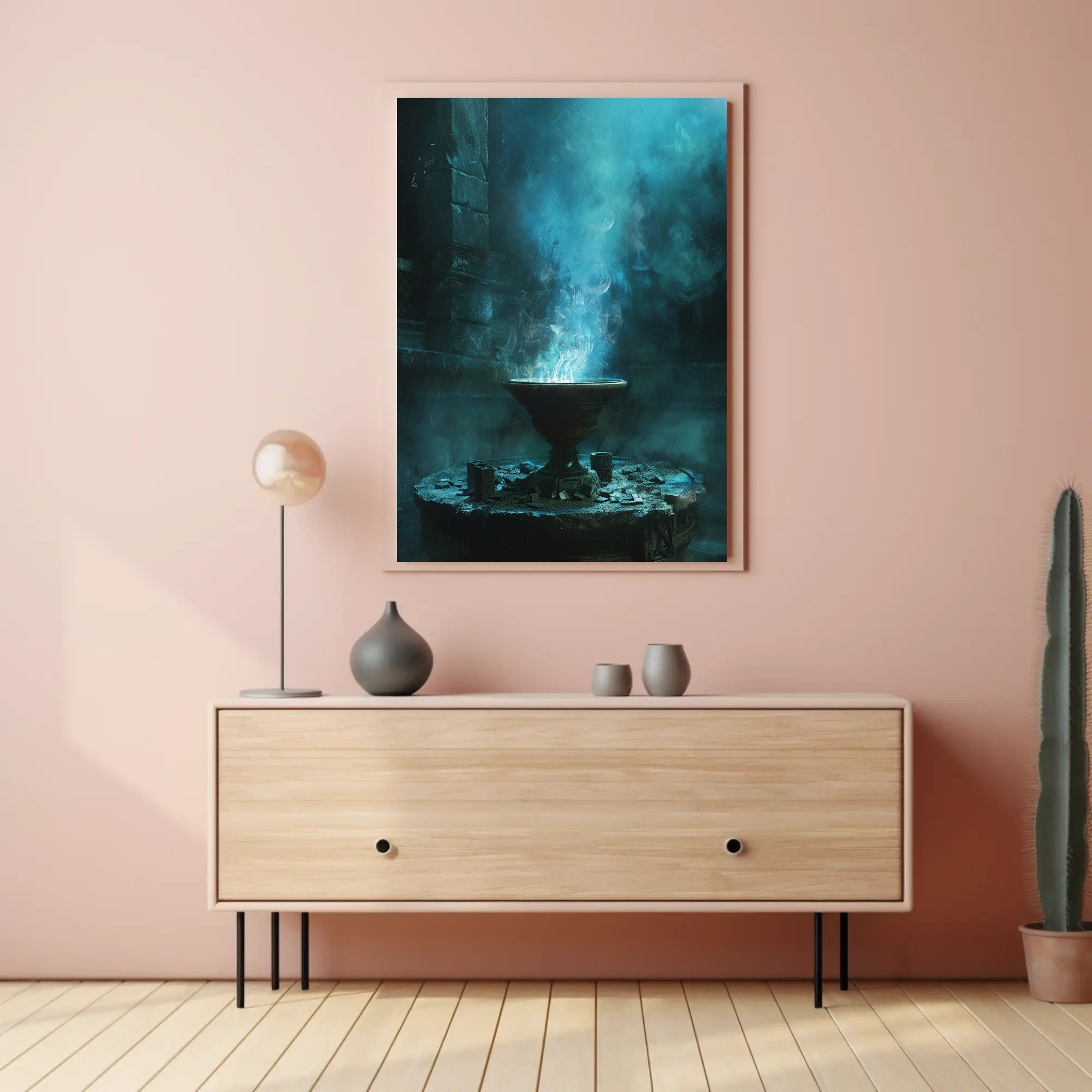 Mystical Ancient Temple with Enchanting Blue Flames PosterGoat