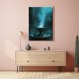 Mystical Ancient Temple with Enchanting Blue Flames PosterGoat