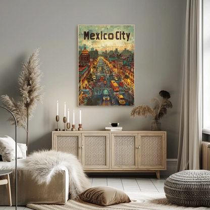 Mexico City Urban Nightlife Lanterns Travel Poster