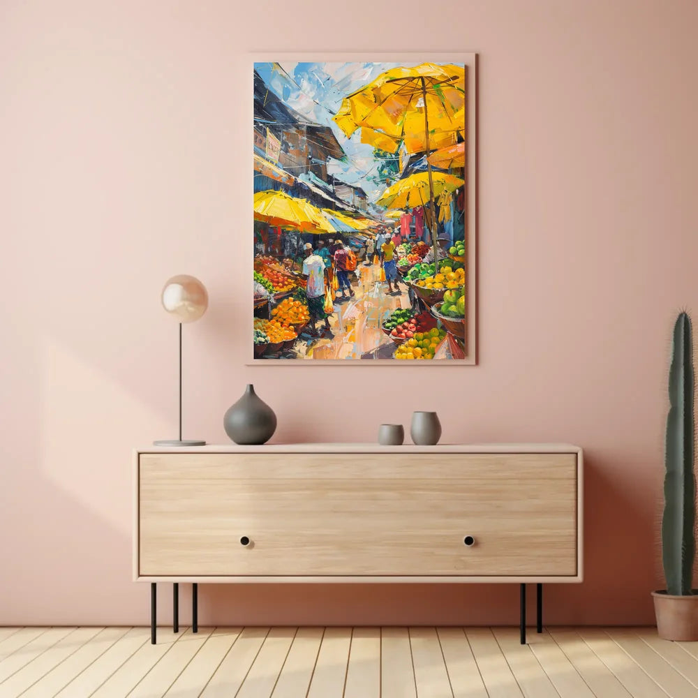 Vibrant Urban Marketplace Scene Impressionistic Art Poster